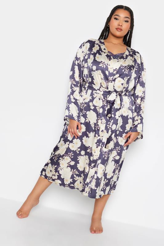 Plus Size  YOURS Curve Purple Floral Print Satin Robe