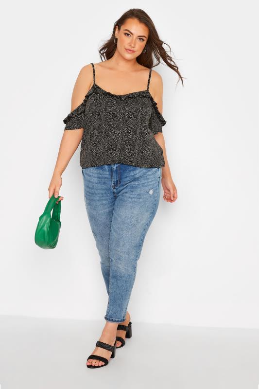 Plus Size Black Spot Print Frill Cold Shoulder Top | Yours Clothing  2