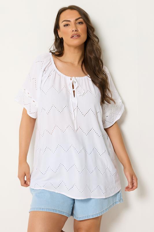  YOURS blusa blanca con bordados con calados y borde festoneado 