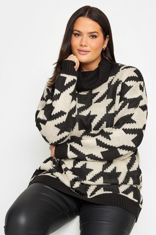  dla puszystych LTS Tall Black & Beige Dogtooth Check Roll Neck Jumper