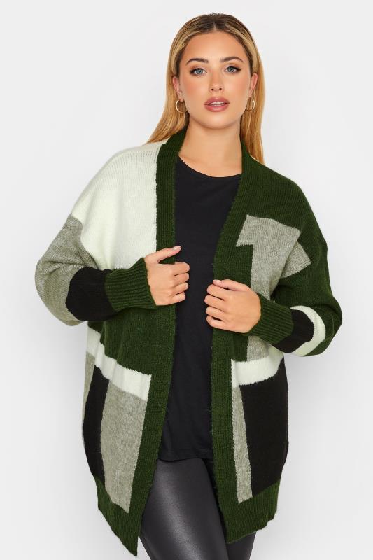 YOURS LUXURY Plus Size Green & White Colourblock Cardigan | Yours Clothing  1