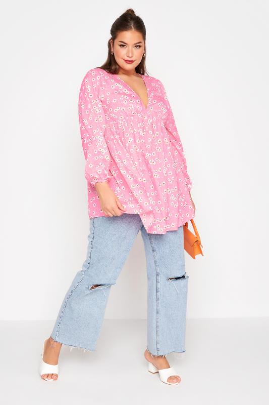 LIMITED COLLECTION Plus Size Pink Daisy Print Back Tie Smock Blouse | Yours Clothing 2