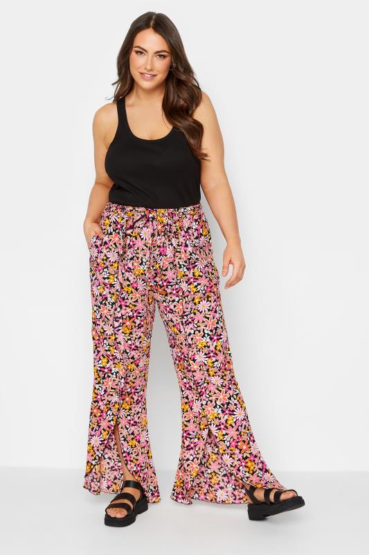 YOURS Plus Size Pink Floral Print Frill Wide Leg Trousers | Yours Clothing 2