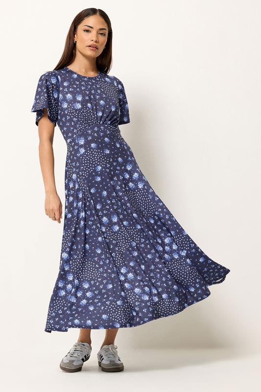 PixieGirl Petite Women's Blue Patchwork Midi Dress | PixieGirl 1