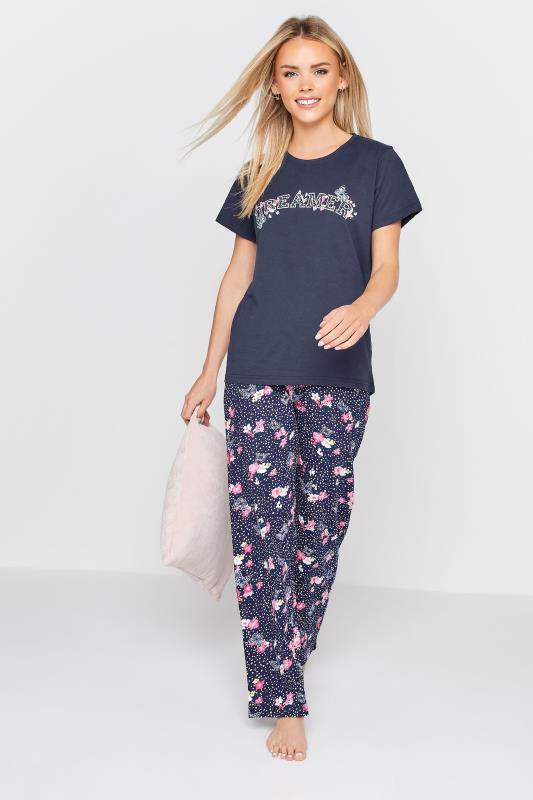 Petite Navy Blue 'Dreamer' Floral Print Pyjama Set 2