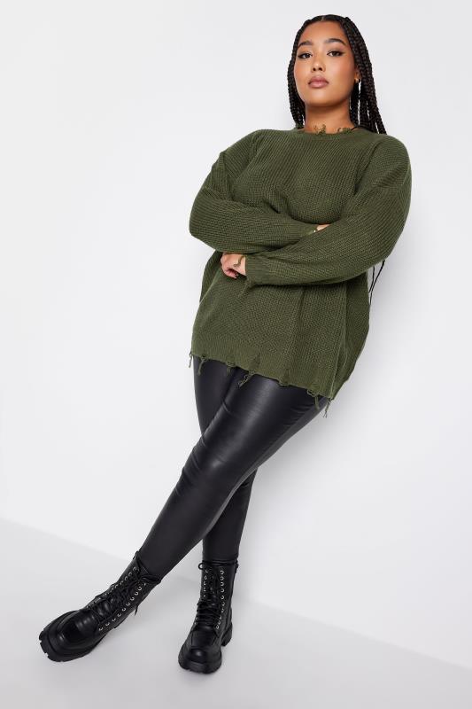 YOURS Plus Size Green Distressed Knitted Jumper | Yours Clothing 2