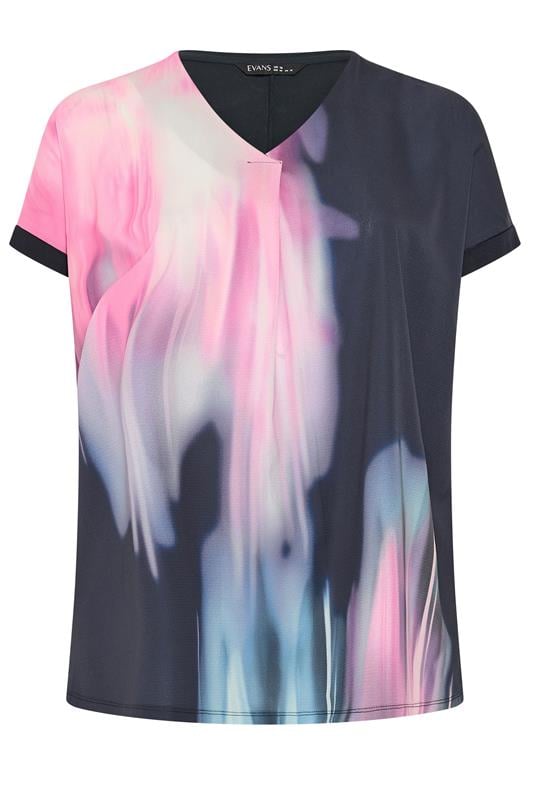 EVANS Plus Size Navy Blue & Pink Blurred Top 5