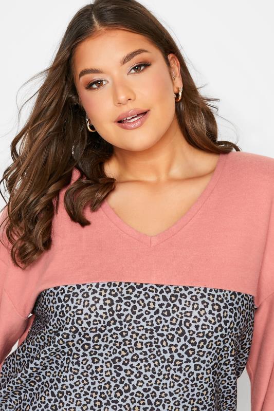 Curve Pink & Grey Leopard Print Colour Block Knit Soft Touch Top | Yours Clothing 4