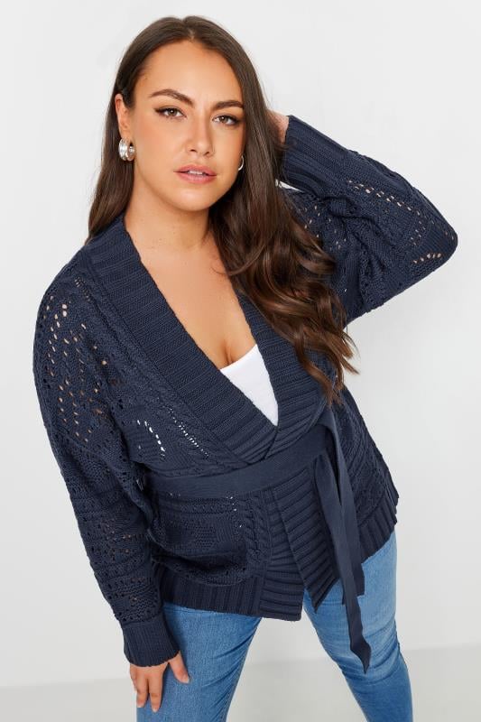 Plus Size  YOURS Curve Navy Blue Pointelle Belted Cardigan