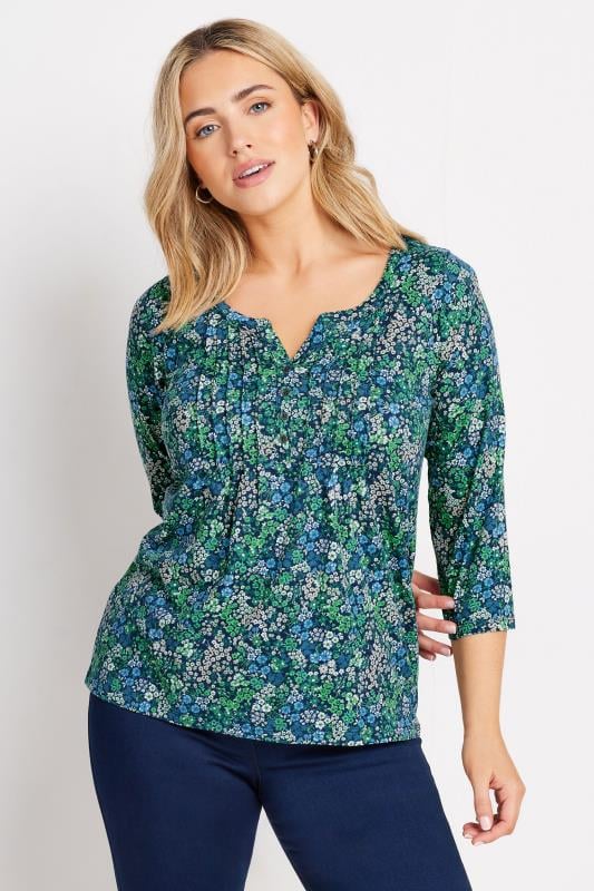 M&Co Dark Green Floral Print Cotton Henley Top | M&Co 1