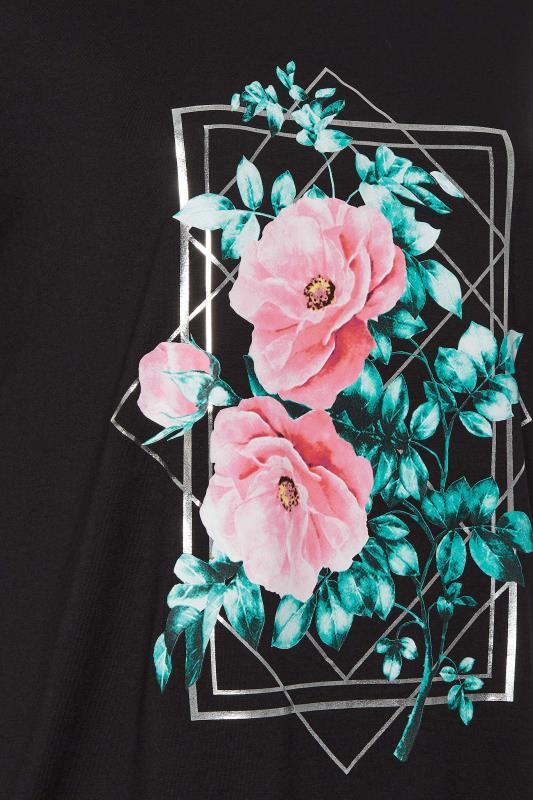 YOURS Curve Plus Size Black Floral Foil Print T-Shirt | Yours Clothing  5