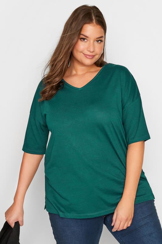 Plus Size Green V-Neck Essential T-Shirt | Yours Clothing  1