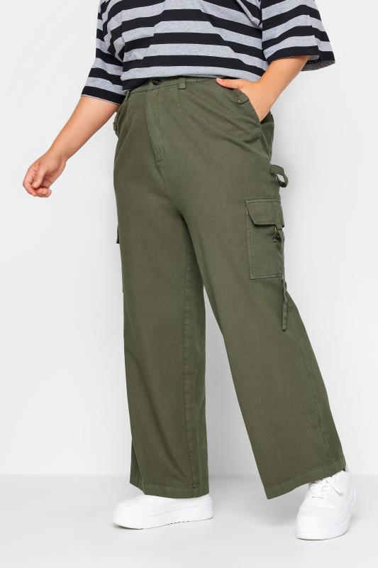  Tallas Grandes YOURS Curve Khaki Green Wide Leg Twill Cargo Trousers