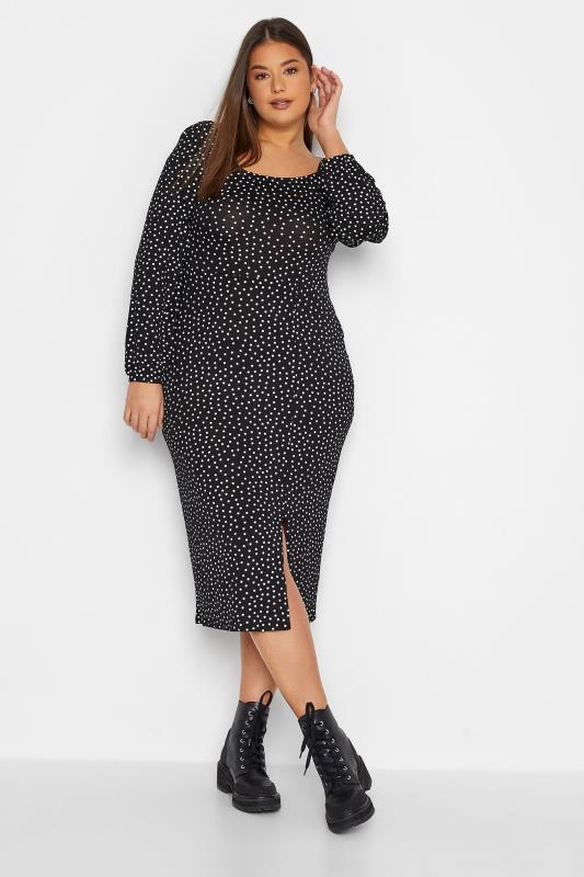 LTS Tall Women's Black Polka Dot Spilt Front Dress | Long Tall Sally 1