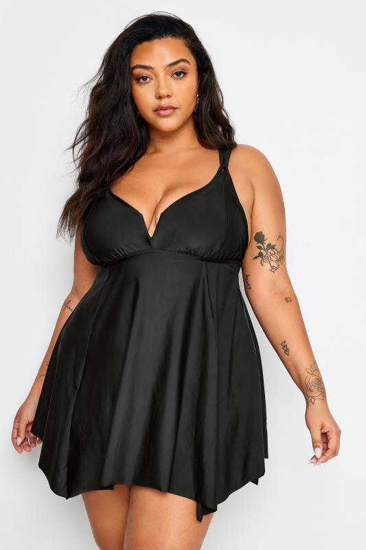 YOURS Plus Size Black Knotted Strap Hanky Hem Swim Dress | Yours Clothing 1