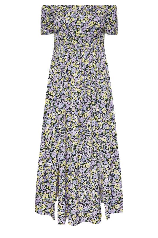 Plus Size Black & Purple Floral Shirred Bardot Maxi Dress | Yours Clothing 6