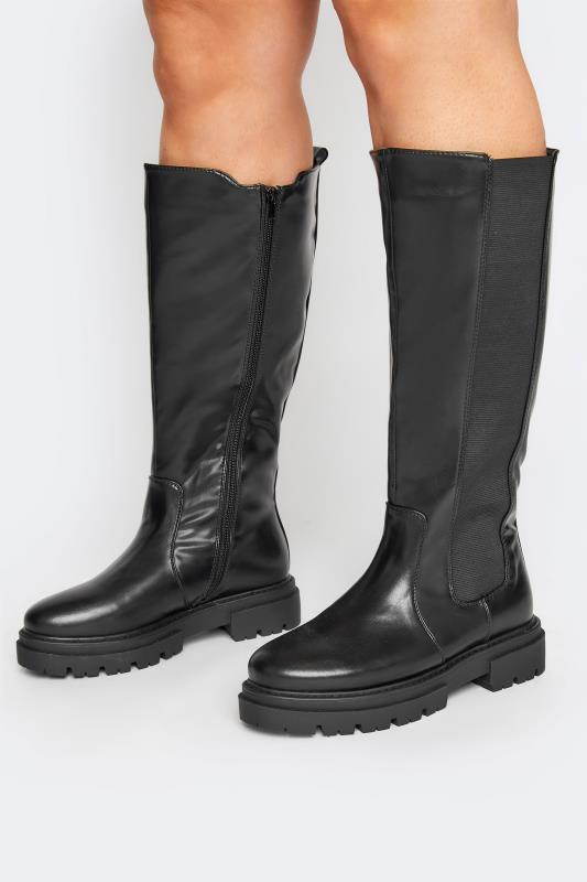 LIMITED COLLECTION Black Elasticated Knee High Cleated Boots In Extra Wide EEE Fit 1