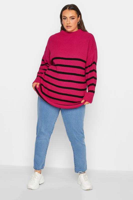 YOURS LUXURY Plus Size Hot Pink Stripe High Neck Jumper | Yours Clothing 3