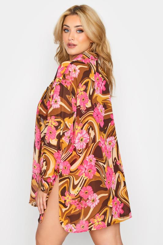 Plus Size Brown Marble Floral Print Sheer Beach Shirt | Yours Clothing 5