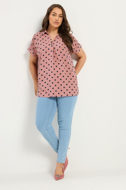 YOURS Plus Size Pink Polka Dot Pleat Front Shirt | Yours Clothing 1