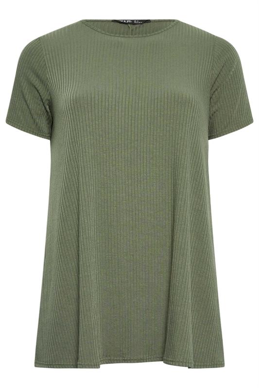 YOURS Curve Plus Size Khaki Green Ribbed Swing T-Shirt | Yours Clothing  5