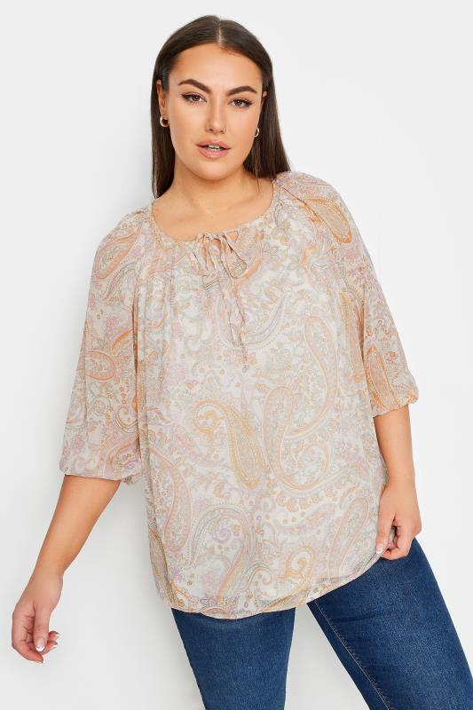 YOURS Plus Size Pink Paisley Print Tie Neck Blouse | Yours Clothing 1