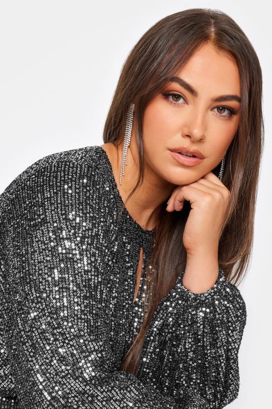 YOURS LONDON Plus Size Silver Sequin Keyhole Long Sleeve Top | Yours Clothing 4