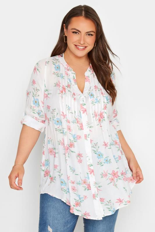 Grande Taille Curve White Floral Print Pintuck Shirt