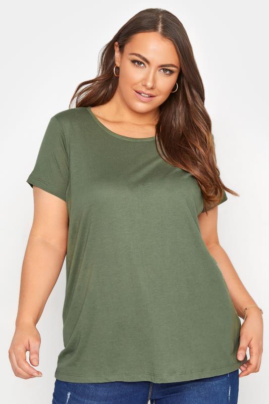 Plus Size  Curve Khaki Green Short Sleeve Basic T-Shirt