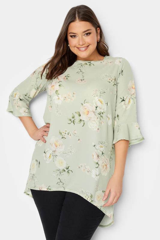 Plus Size  YOURS LONDON Curve Light Green Floral Tunic Top