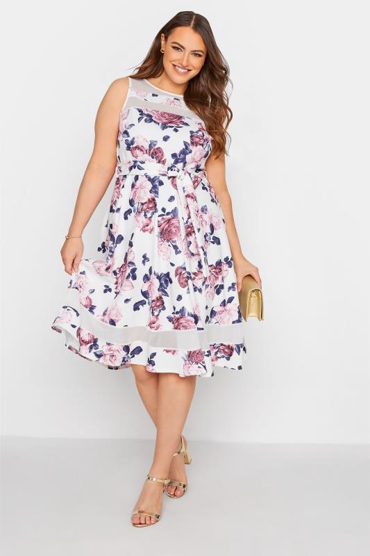  dla puszystych YOURS LONDON Curve White Floral Mesh Panel Skater Dress