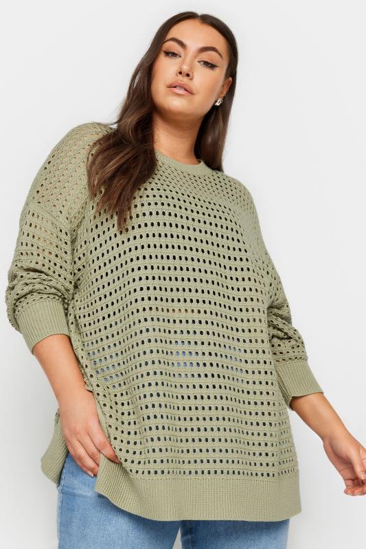 YOURS Plus Size Green Side Split Crochet Jumper | Yours Clothing 1