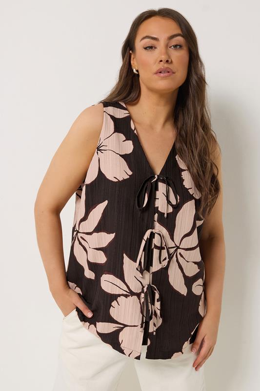 YOURS Plus Size Brown Floral Tie Front Vest Top | Yours Clothing 1