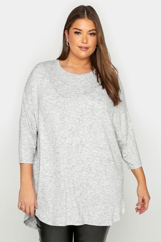 Plus Size  YOURS Curve Grey Marl Back Pleat Dipped Hem Top