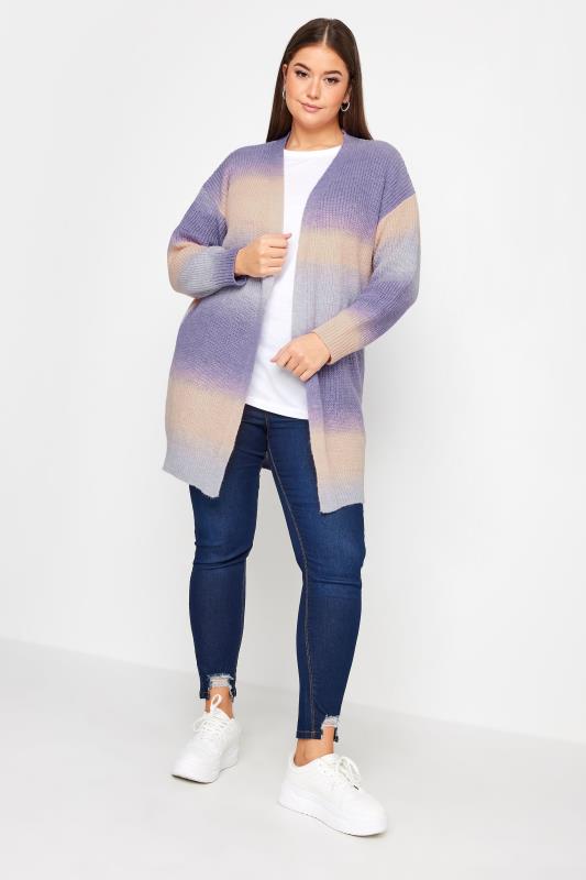 YOURS Curve Purple Ombre Stripe Print Knitted Cardigan | Yours Clothing 2