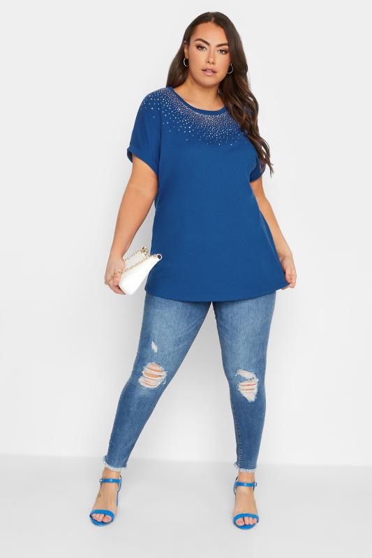 YOURS Plus Size Cobalt Blue Embellished Neck T-Shirt | Yours Clothing 2