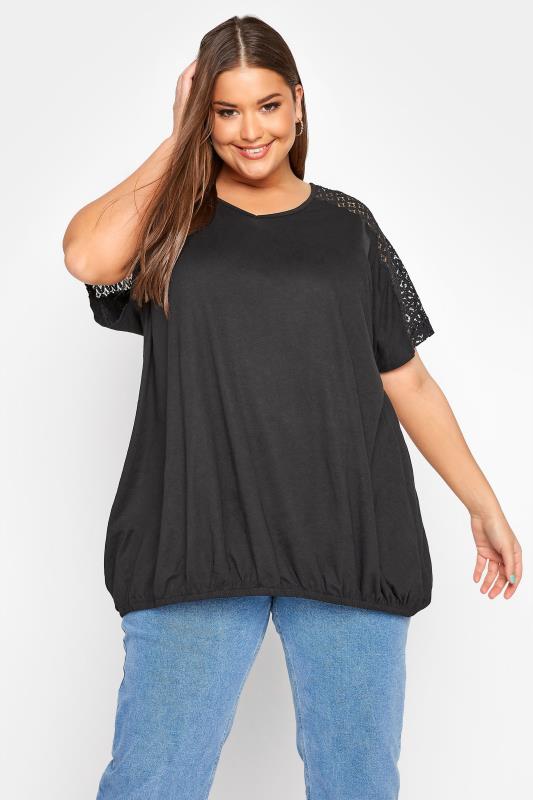 Black Lace Sleeve Bubble Hem Top 