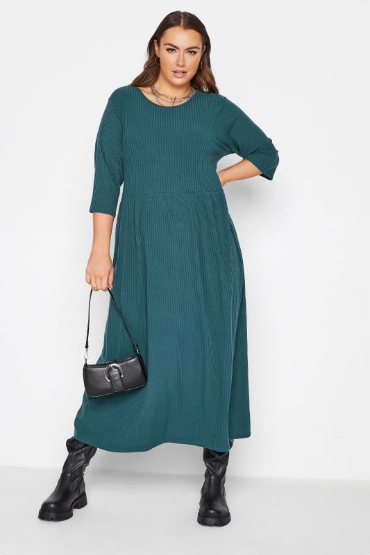 LIMITED COLLECTION Curve Teal Green Ribbed Midaxi Dress 2