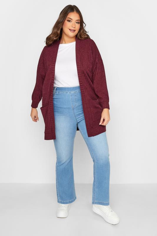 YOURS Plus Size Burgundy Red Ribbed Pocket Cardigan | Yours Clothing 2