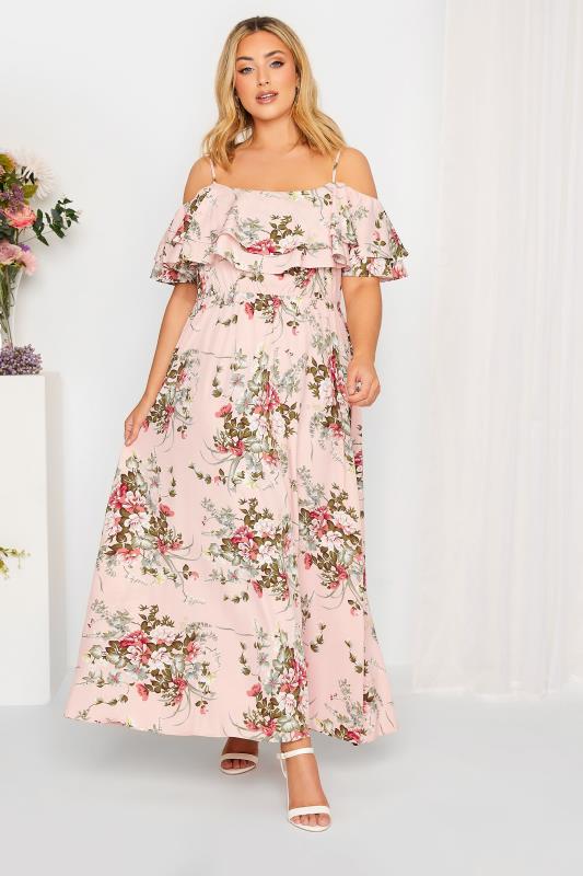 Plus Size YOURS LONDON Curve Light Pink Floral Bardot Ruffle Bridesmaid Maxi Dress | Yours Clothing  1