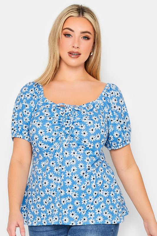 YOURS PETITE Plus Size Blue Daisy Print Ruched Front Top | Yours Clothing 1