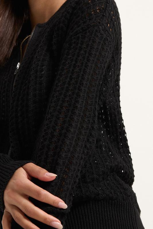 PixieGirl Petite Women's Black Crochet Bomber Cardigan | PixieGirl 4