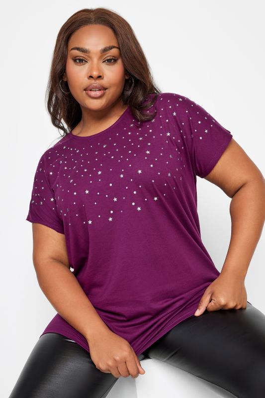YOURS Plus Size Purple Embellished Front T-Shirt | Yours Clothing 1