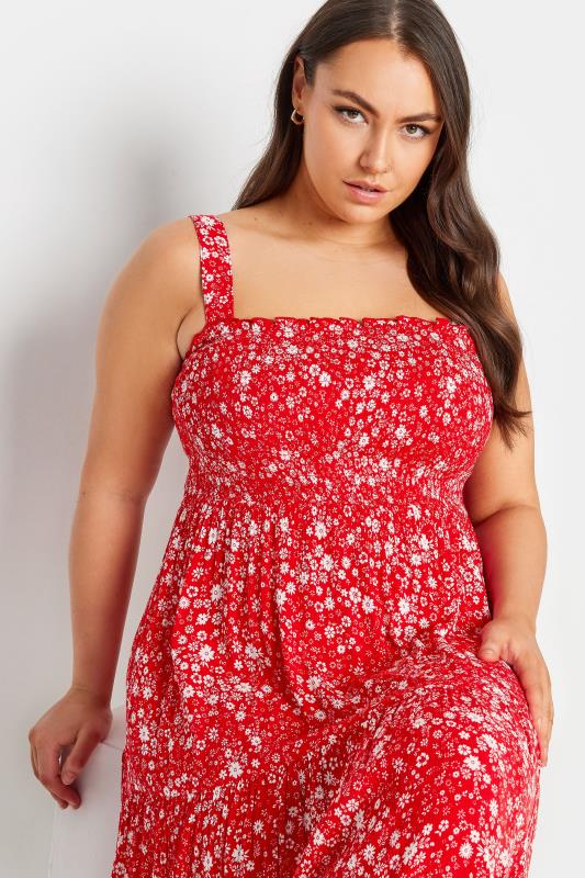 YOURS Plus Size Red Ditsy Floral Print Shirred Maxi Dress | Yours Clothing 5