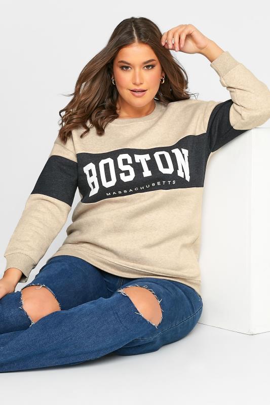 Plus Size Beige Brown 'Boston' Colour Block Sweatshirt | Yours Clothing 1