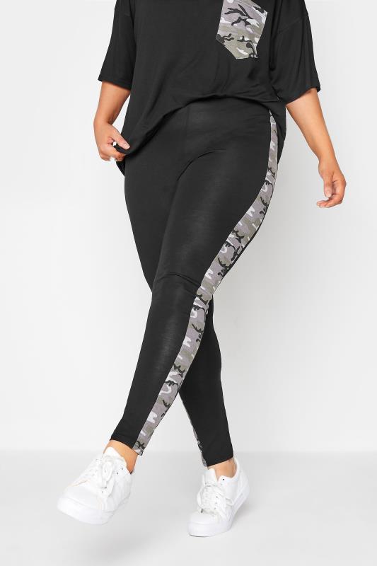 Plus Size LIMITED COLLECTION Black Camo Side Panel Leggings | Yours Clothing 1