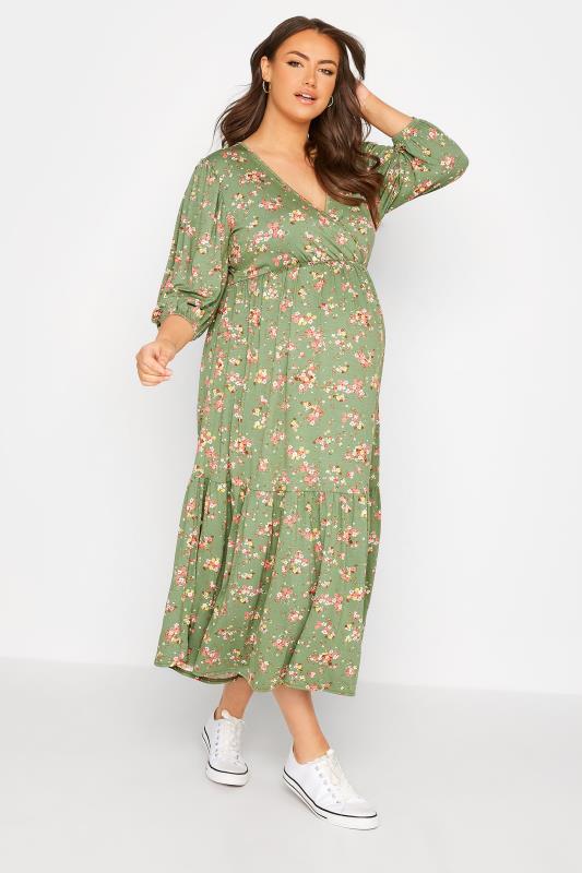 BUMP IT UP MATERNITY Plus Size Green Floral Print Tiered Wrap Dress | Yours Clothing  2
