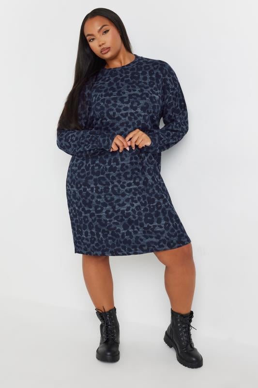 YOURS Plus Size Blue Leopard Print Soft Touch Jumper Dress Yours Clothing