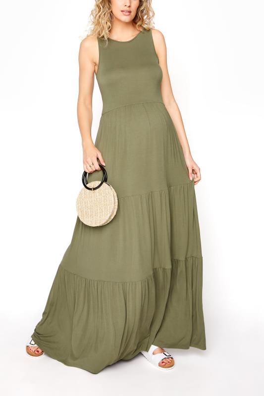 LTS Tall Maternity Khaki Green Tiered Maxi Dress_B.jpg