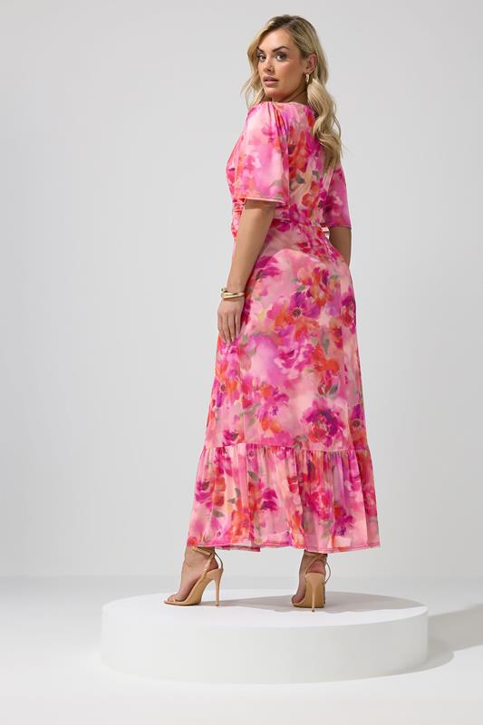 YOURS LONDON Plus Size Pink Floral Wrap Ruffle Hem Dress | Yours Clothing 2